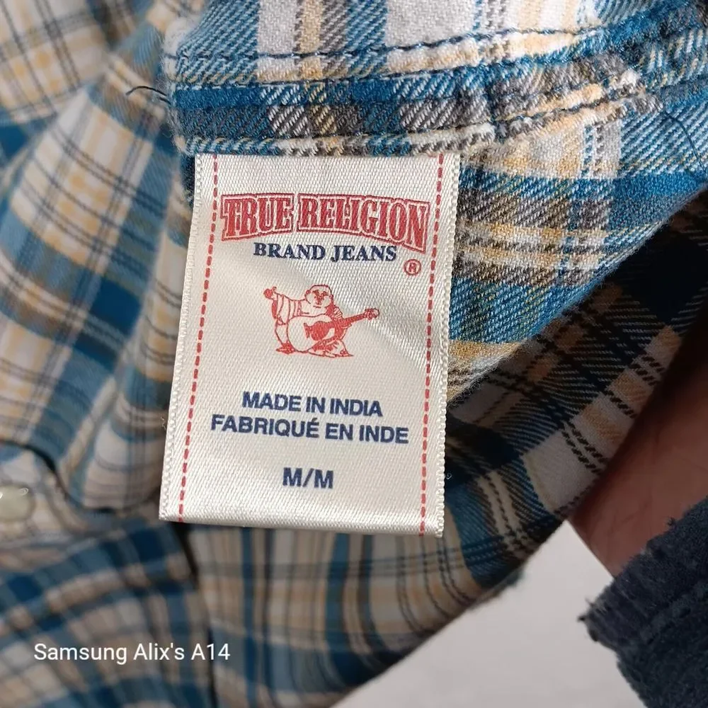 True Religion Men's Western‎ Pearl Snap Plaid Long Sleeve Shirt Horseshoe Medium